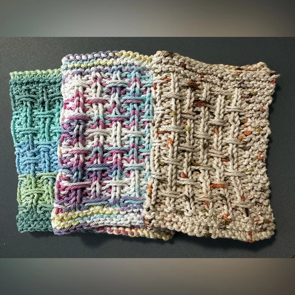 Handmade Knitted Bath Multi-Colored Washcloths: Made from 100% Cotton Set of 3